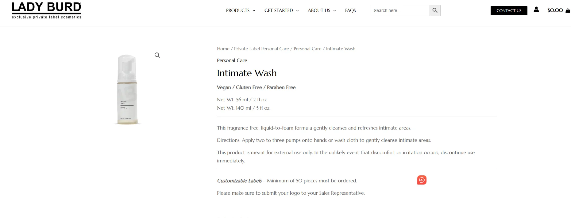 Lady Burd intimate wash displayed with product details including vegan, gluten free, and paraben free specifications.